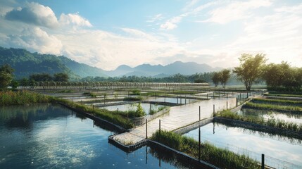 Fish Farming Ponds with Mountain View