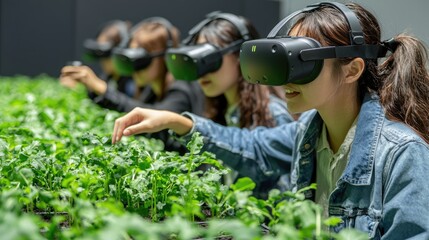 Futuristic Farming: Group of Farmers Analyzing Crop Growth in Immersive 3D Virtual Environment, Generative Ai