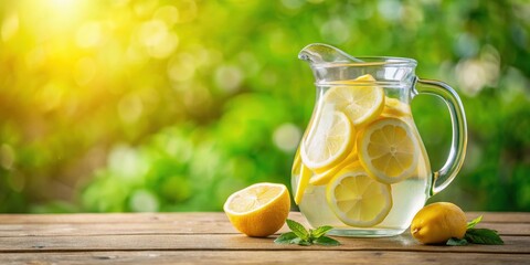 Refreshing lemon infused water in a clear pitcher on a sunny day, lemon, water, refreshment, healthy, hydration, citrus, drink