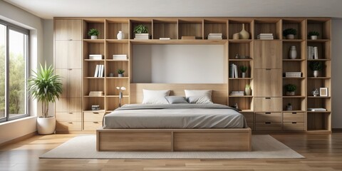 Wooden multifunctional bed with hidden drawers and shelves in minimalist bedroom interior, Wooden, multifunctional