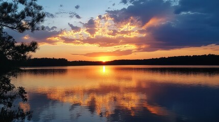 Sunset over a lake with reflection