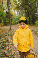 A joyful child dressed in a bright yellow raincoat walks along a serene forest path covered with vibrant autumn leaves. Autumn mood. Beautiful autumn