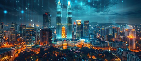 Fototapeta premium Kuala Lumpur Skyline at Night with Digital Overlay