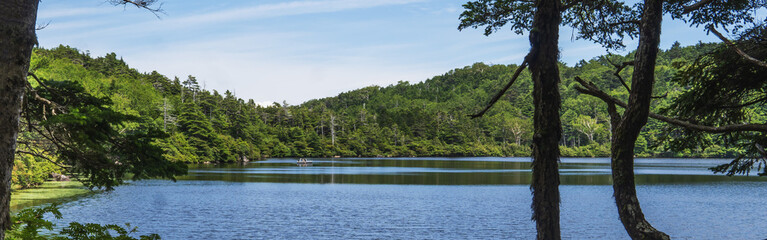ボートが浮かんでいる白駒池【北八ヶ岳・八千穂高原】日本長野県