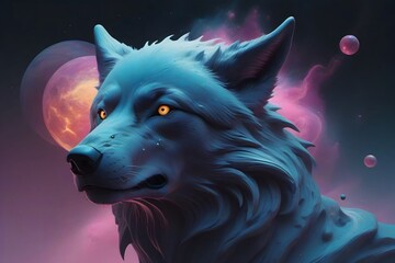Fototapeta premium A majestic blue wolf with yellow eyes against a background of glowing nebulae and planets.