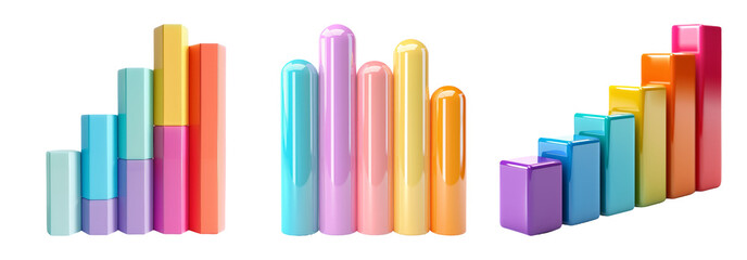 Colorful bar charts set isolated on transparent background with vibrant 3D graphic elements for data presentation