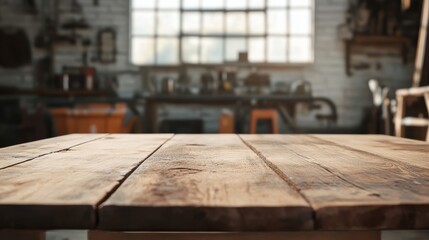 Empty table top. Blurred workshop interior background