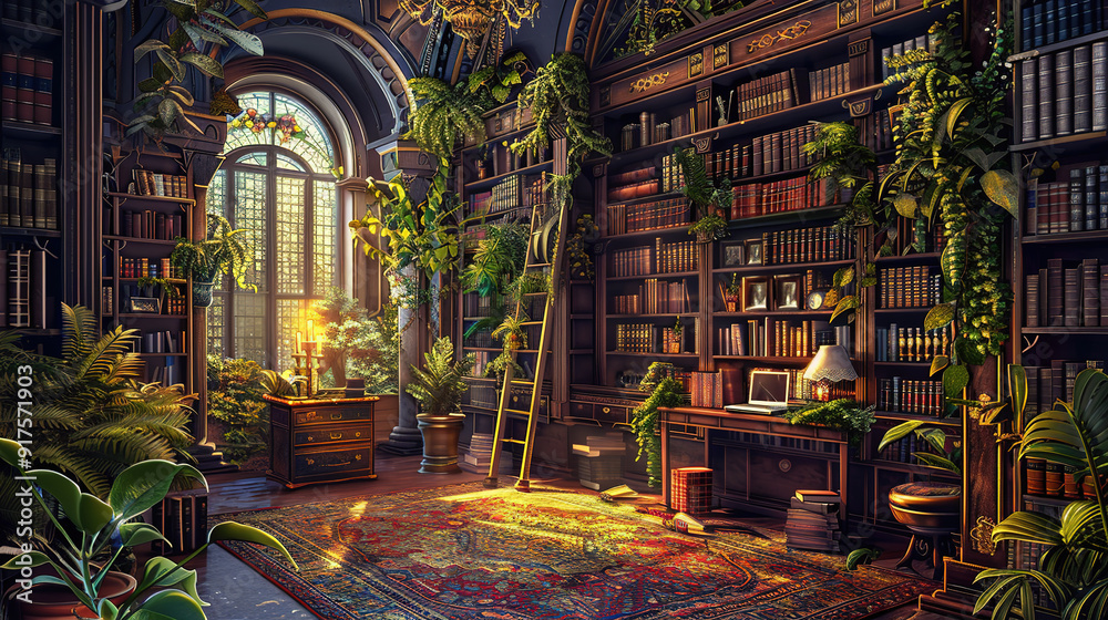 Canvas Prints A Sunlit Library Filled With Books and Plants