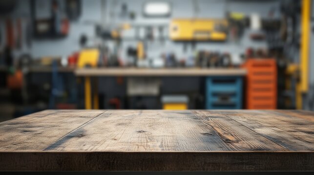 Empty table top. Blurred workshop interior background
