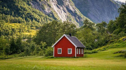 Fototapeta premium Red Cabin in the Norwegian Mountains