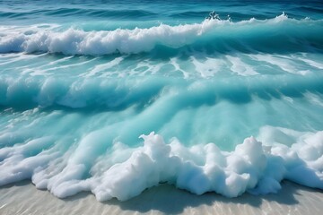 A turquoise wave crashing on a white sand beach, creating a beautiful contrast.