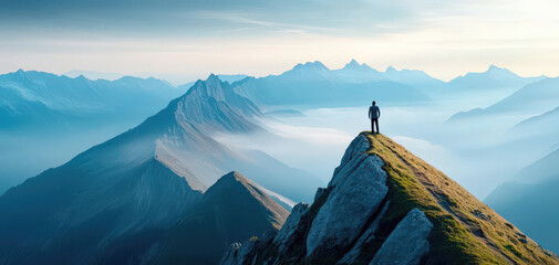 A lone figure stands atop a majestic mountain peak, surrounded by breathtaking valleys and misty landscapes at dawn.