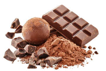 Delicious assortment of chocolate including bar, truffle, and powder, perfect for dessert and confectionery visuals.