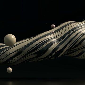 Quantum Wave Function: Metallic String Theory. Metallic wave-like structures with floating spheres on a dark background, evoking quantum physics concepts