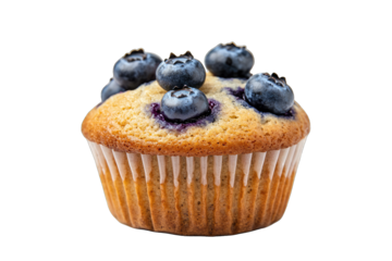 Freshly baked blueberry muffin topped with juicy blueberries, perfect for breakfast or a delightful snack.