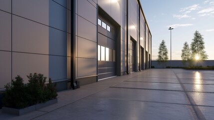 Exterior of a modern warehouse with a small office unit