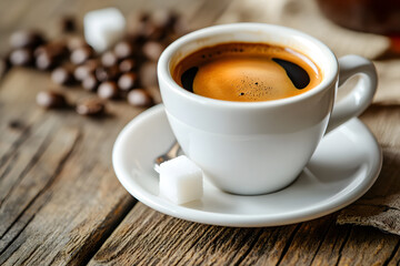 Fototapeta premium Freshly brewed Espresso with golden crema in a white ceramic cup on a rustic wooden table in an authentic Italian cafe