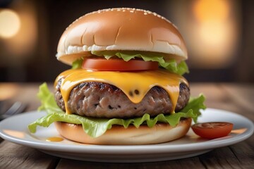 Close-up of a juicy cheeseburger with melted cheese on a white plate.