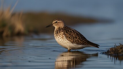 Obraz premium Ruff - Philomachus pugnax / Calidris pugnax - at the Curonian lagoon shore, Lithuania, spring Generative AI