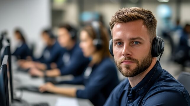 call center manager overseeing team of agents working at their desks with focus on manager in foreground