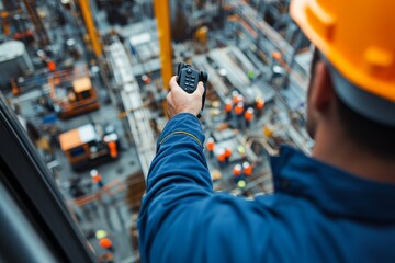A crane operator's perspective from high above a bustling construction site, hand on the radio controls, with a panoramic view of workers and machinery below