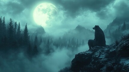 A lone wolf howls at the moon on a stormy night.