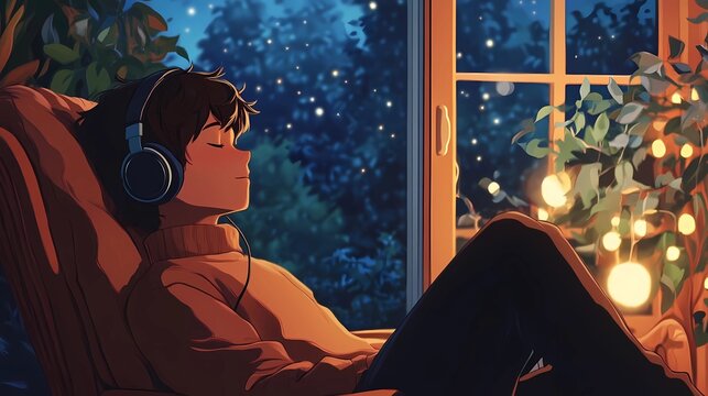 anime style It's a stunning night and a man wear headphone in the cozy chair near the window 