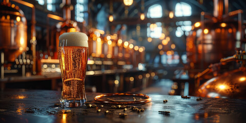 A modern brewery with copper tanks and pipes, in the foreground a bar with a large glass of beer in the middle of the frame.generative ai