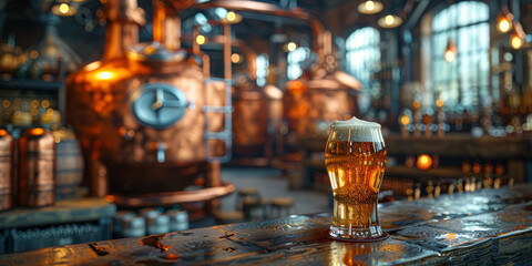 A modern brewery with copper tanks and pipes, in the foreground a bar with a large glass of beer in the middle of the frame.generative ai