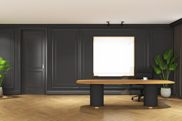 3d render of illustration interior design working room of classic modern style with frame mock up. Wood parquet floor, black wall and white ceiling. Set 92
