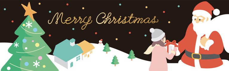 バナー　フレーム　クリスマス　アイソメトリック　サンタクロース　街並み　背景　イラスト素材