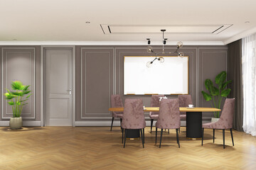 3d render of illustration interior design dining room of classic modern style with frame mock up. Wood parquet floor, taupe wall and white ceiling. Set 95