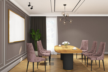 3d render of illustration interior design dining room of classic modern style with frame mock up. Wood parquet floor, taupe wall and white ceiling. Set 94
