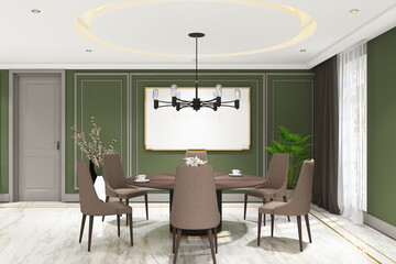 3d render of illustration interior design dining room of classic modern style with frame mock up. White marble floor, green wall and white ceiling. Set 98
