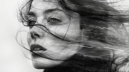 A striking black and white portrait of a woman with her hair dramatically blown by the wind, eyes closed in serene expression. Captures beauty, movement, and emotion in a timeless style.
