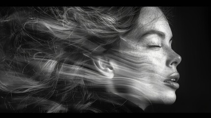 A striking black and white portrait of a woman with her hair dramatically blown by the wind, eyes closed in serene expression. Captures beauty, movement, and emotion in a timeless style.