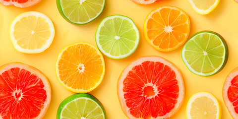 Obraz premium Seamless Abstract Colorful Flat Lay of Different Cut Lime, Citrus Fruits Slices, and Jellies Arranged in a Pattern Print for Textile, Packaging, Banner, Decor, Wrap, Fashion, Accessories, Web, Social.