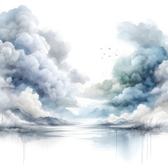 Fototapeta premium 흰 배경, 구름, 하늘, 수채화 (white background, clouds, sky, water colour)