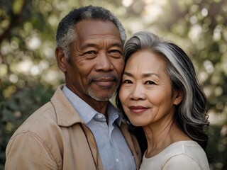 Naklejka premium Portrait of a couple of black man from Africa and white woman from Asia, individuals of different races