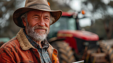 Happy mature farmer working tablets in front of tractors on site,generative ai