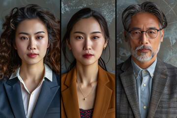 Diverse faces, 35 years old, styled as business people, with chinese, malay, indian and caucasian faces in that order.generative ai