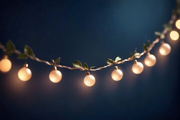 String of warm, glowing, round lights with green leaves on a dark blue background.