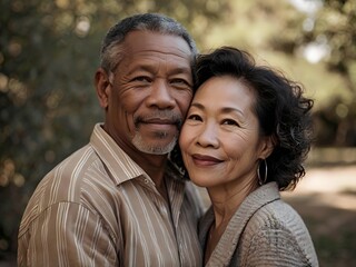 Fototapeta premium Portrait of a couple of black man from Africa and white woman from Asia, individuals of different races