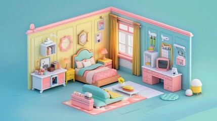 A brightly lit pink-themed bedroom for a young girl, featuring a comfortable bed, study desk, and playful decor, bathed in natural sunlight from a large window.