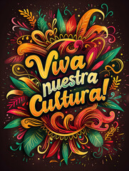Vivid typographic poster with dark background and text Viva nuestra cultura