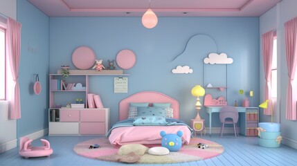 A brightly lit pink-themed bedroom for a young girl, featuring a comfortable bed, study desk, and playful decor, bathed in natural sunlight from a large window.