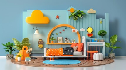 A colorful children's playroom featuring a cozy bed, playful tent, and a variety of toys. Bright and cheerful space with creative wall decor, perfect for imaginative play.