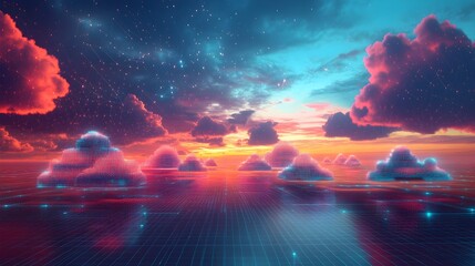 Obraz premium Futuristic 3D Cloud Computing Landscape with Vibrant Digital Nodes and Technological Visualization