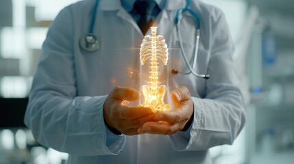 A doctor holds a glowing 3D spine model, symbolizing innovative healthcare and advanced orthopedic technology.