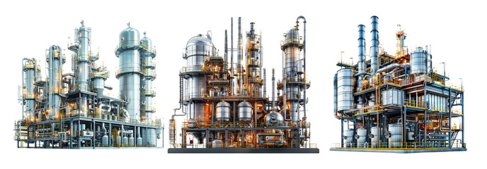 Industrial refineries set isolated on transparent background with complex machinery and structures